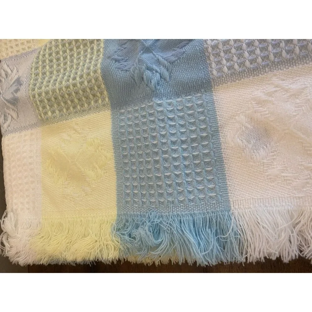 VTG FRIEMANIT Acrylic Boy Baby‎ Blanket Pastel Blue Yellow Squares Fringe Japan